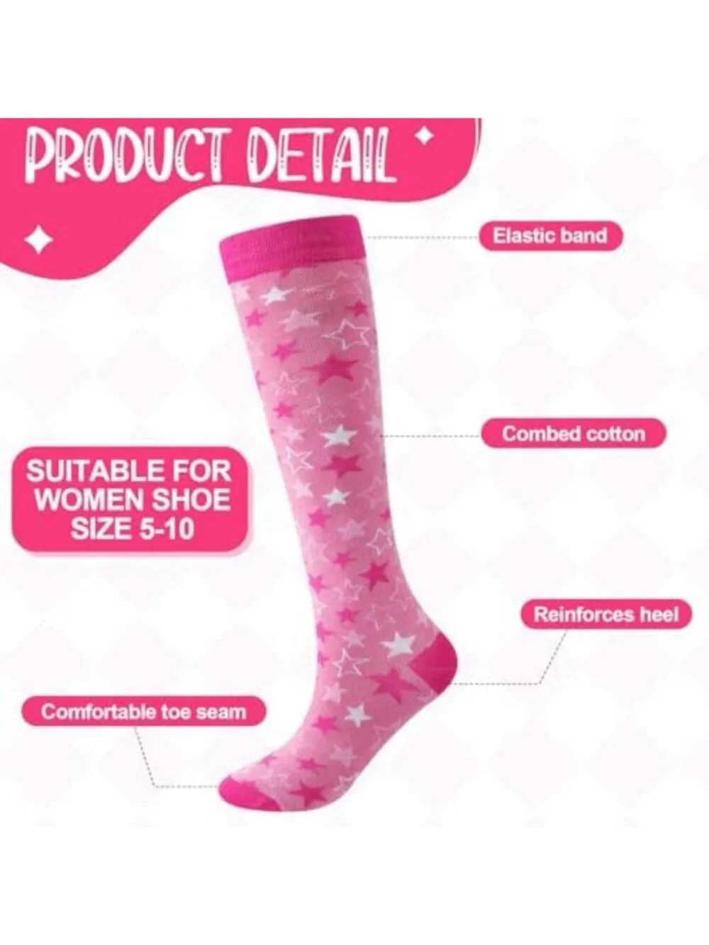 6 Pairs Pink Knee High Socks for Women & Girls | Preppy Tube Style, Cozy & Cute